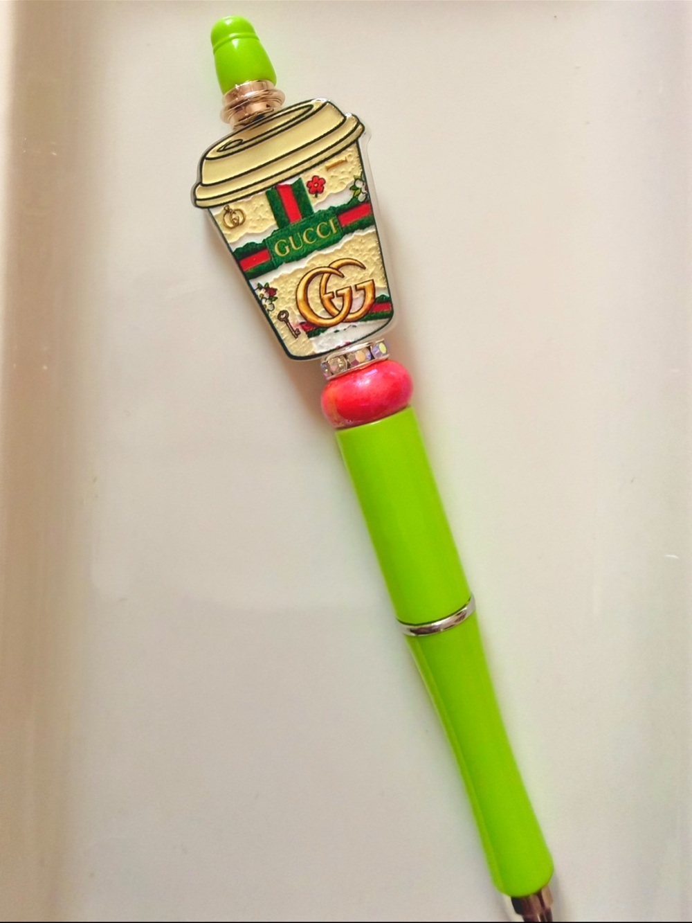 Neon Lime Green Pen with Coffee Cup Charm and Red Accent